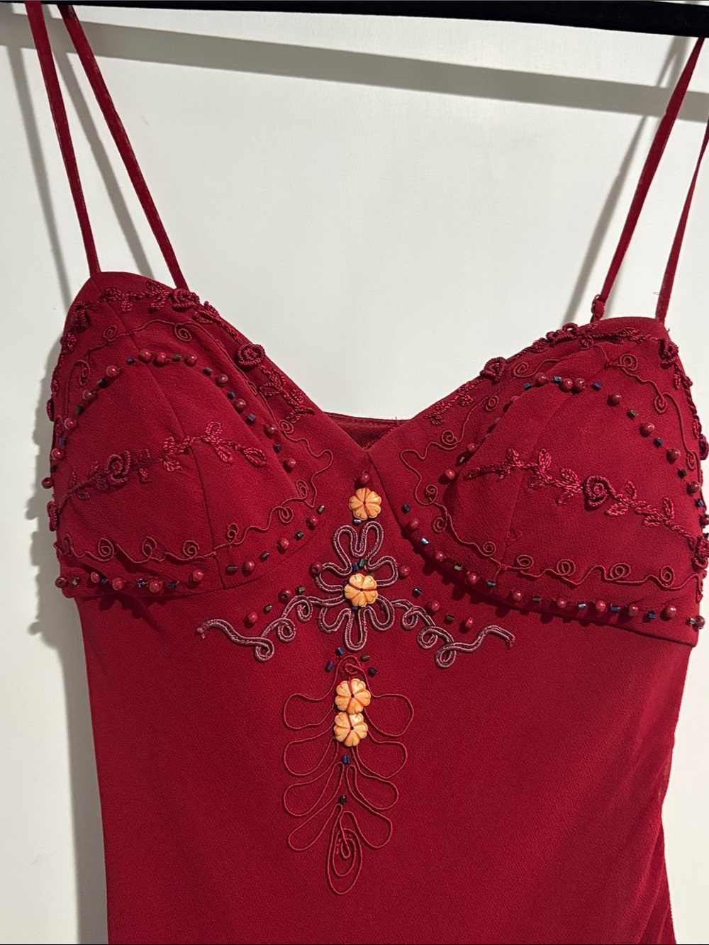 Sue Wong Deep Red Beaded Spaghetti-Strap Mini Dress - Picture 3 of 6